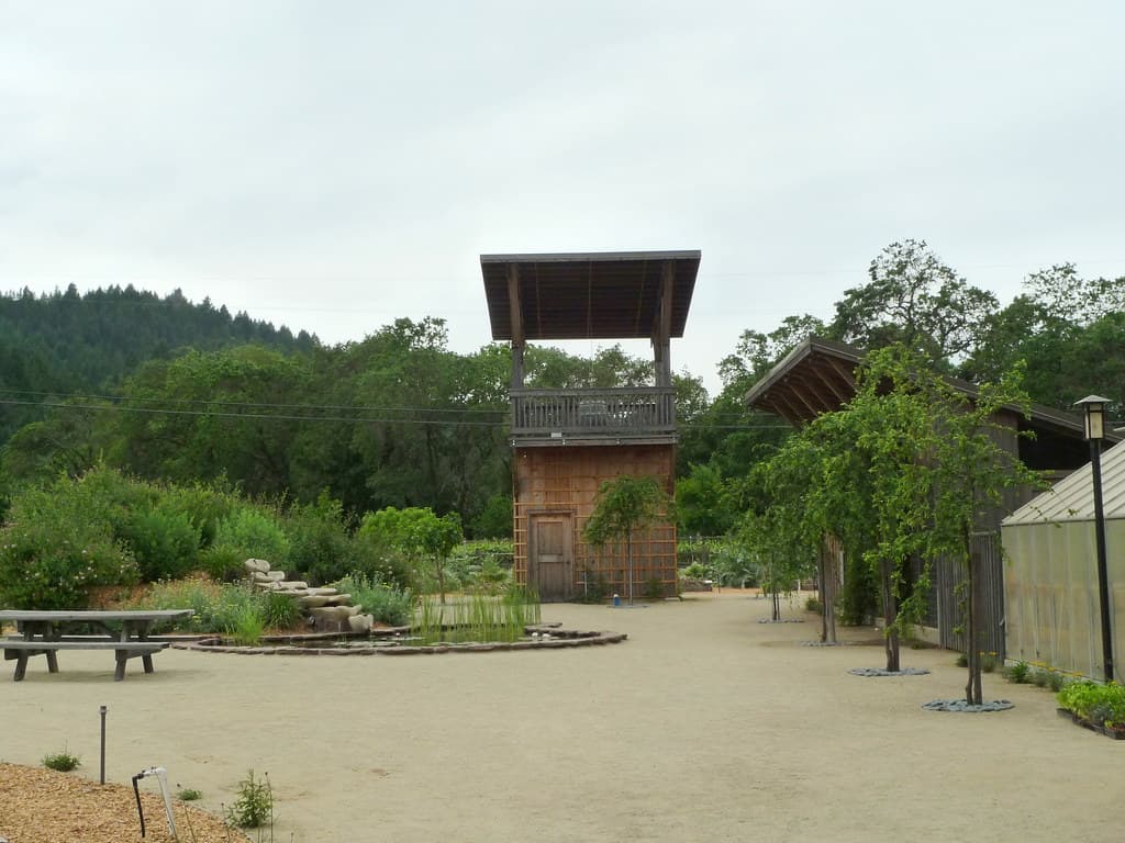 Picnic tables on the gravel courtyard beside the gardens and wooden tower at Quivira Winery