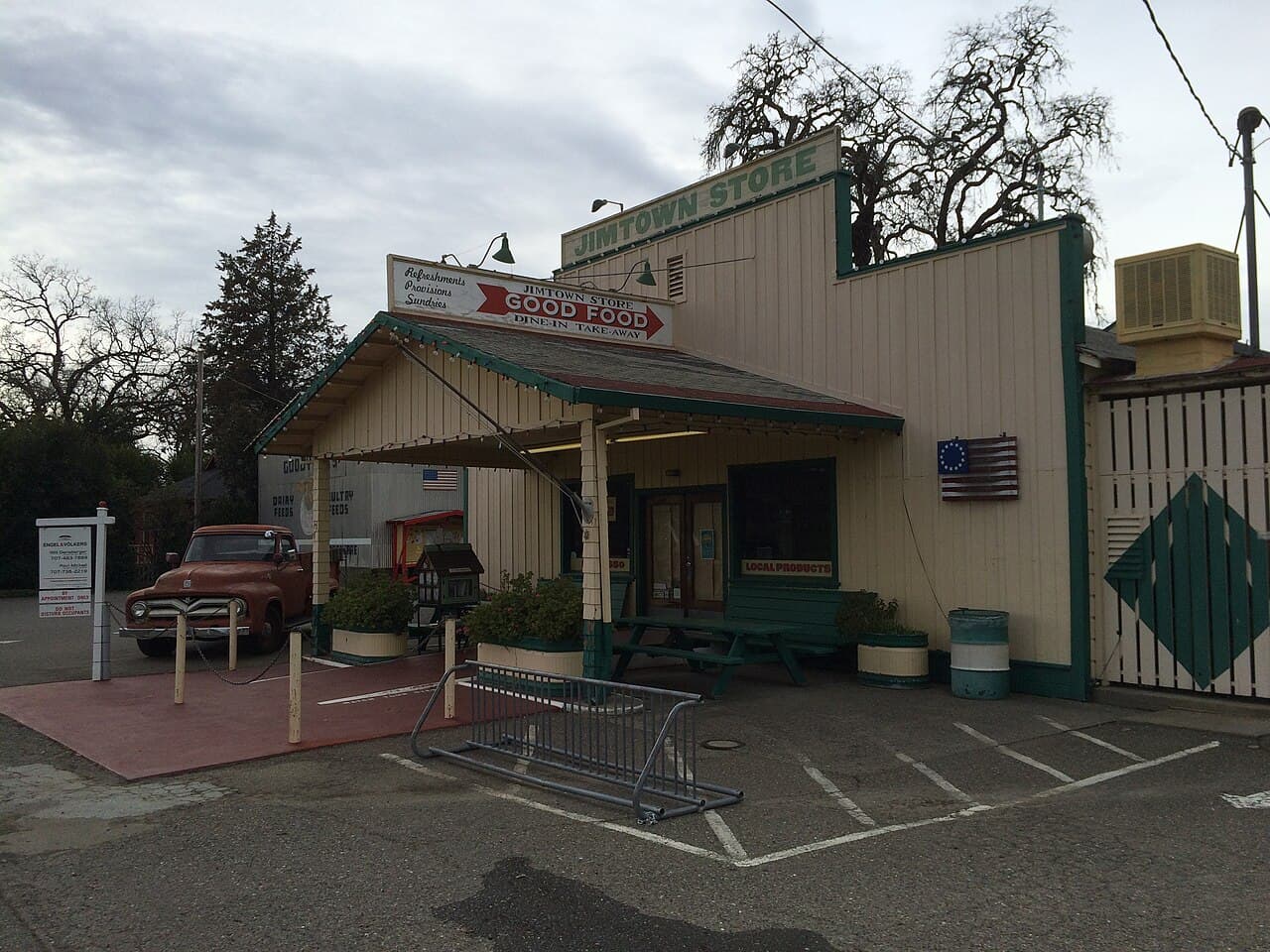 The old Jimtown Store building on Highway 128 in Alexander Valley, with its vintage red pickup out front