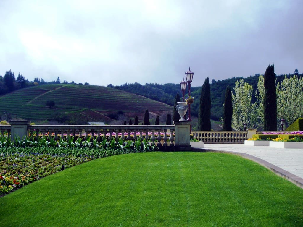 Curving lawn and flower-edged balustrade terrace looking out to vineyard-covered hills at Ferrari-Carano
