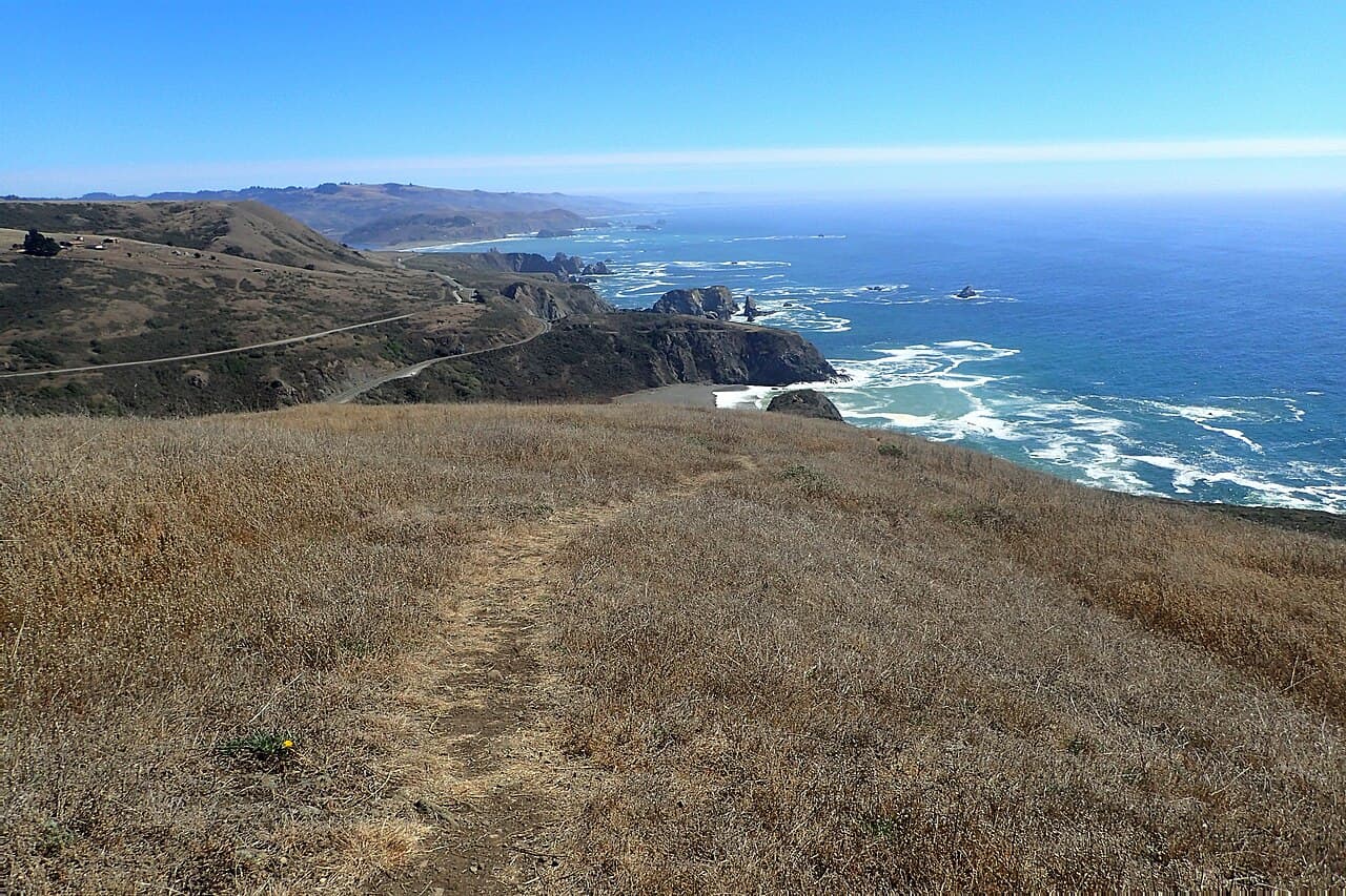 A narrow footpath crossing golden grassland toward the ocean and rocky headlands on the Vista Trail, Sonoma Coast
