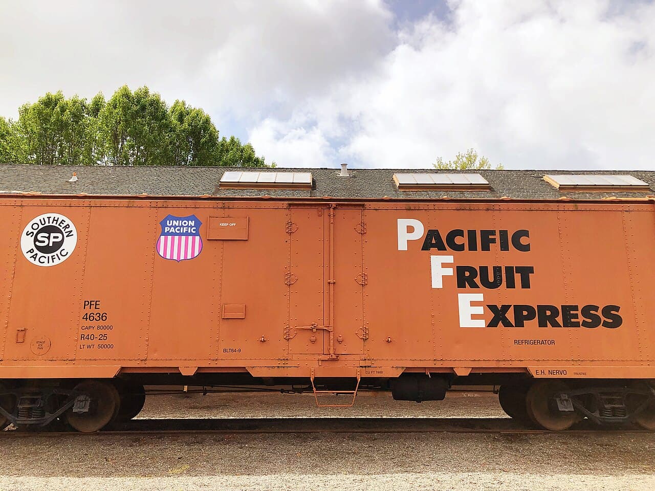 Orange Pacific Fruit Express refrigerator car on display at Depot Park, Sonoma