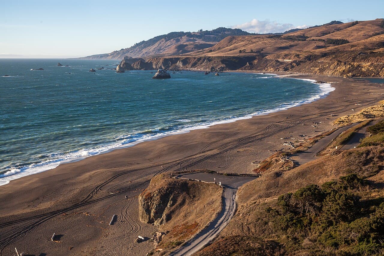 Curving sandy Goat Rock Beach and headlands near the Russian River mouth in Sonoma Coast State Park