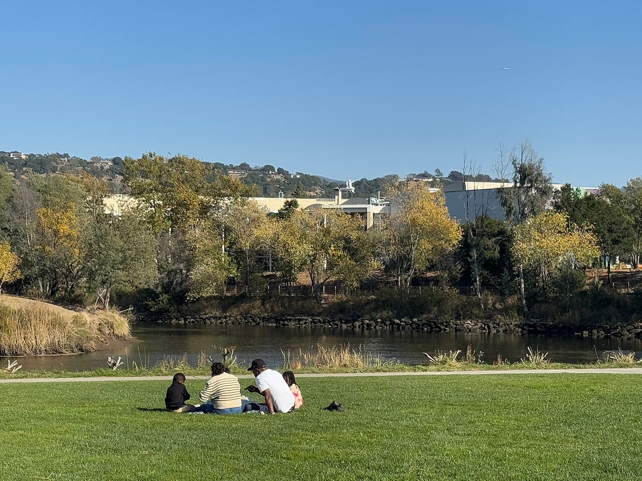 Family picnicking on the green lawn beside the Napa River at Oxbow Commons in Napa