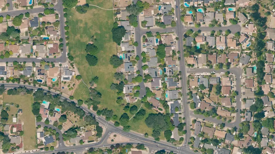 Aerial view of Century Oaks Park and its surroundings