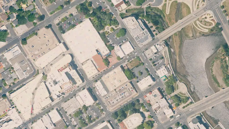 Aerial view of Dwight Murray Plaza and its surroundings