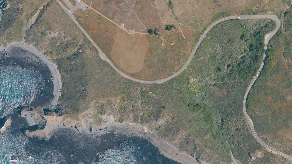 Aerial view of Jenner Headlands Preserve and its surroundings