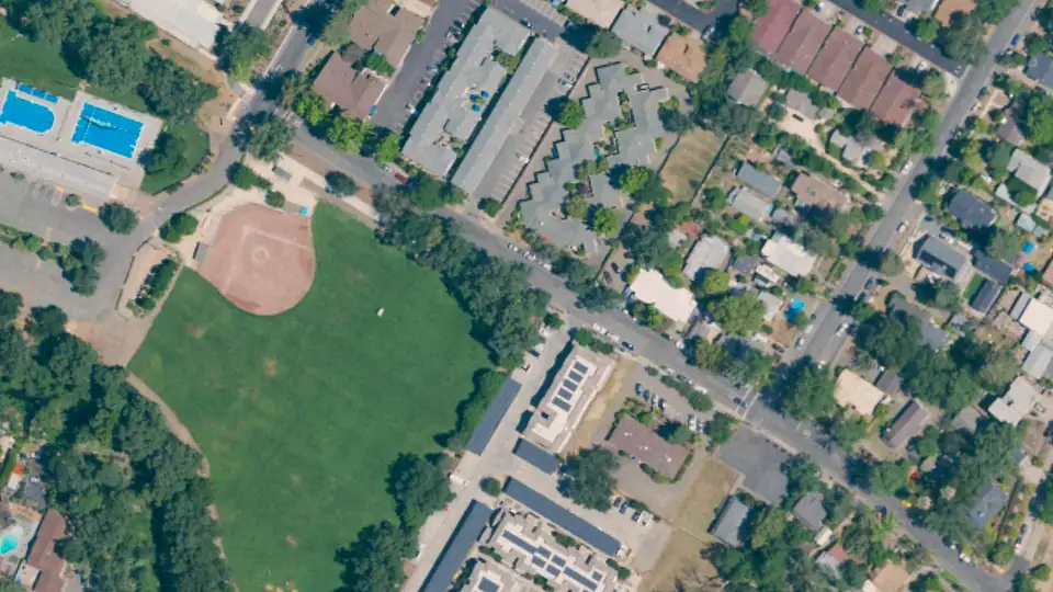 Aerial view of Logvy Community Park and its surroundings