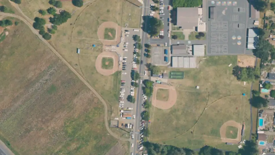 Aerial view of Maddux Ranch Regional Park and its surroundings