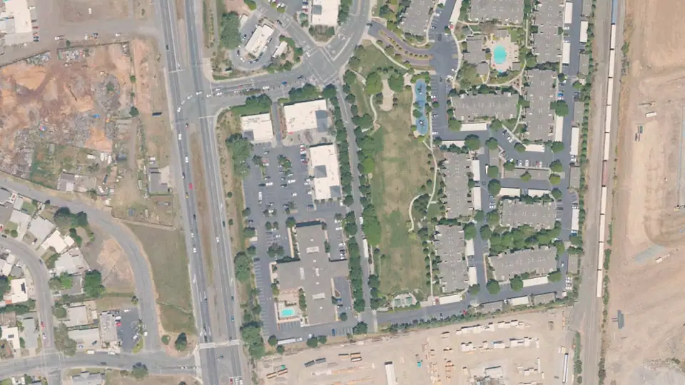 Aerial view of Main Street Park and its surroundings