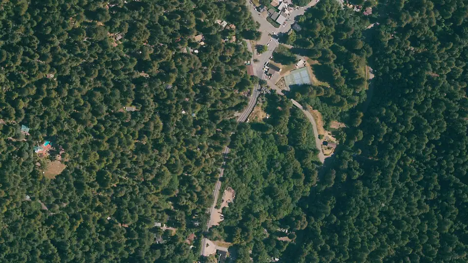 Aerial view of Monte Rio Redwoods Regional Park and Open Space Preserve and its surroundings