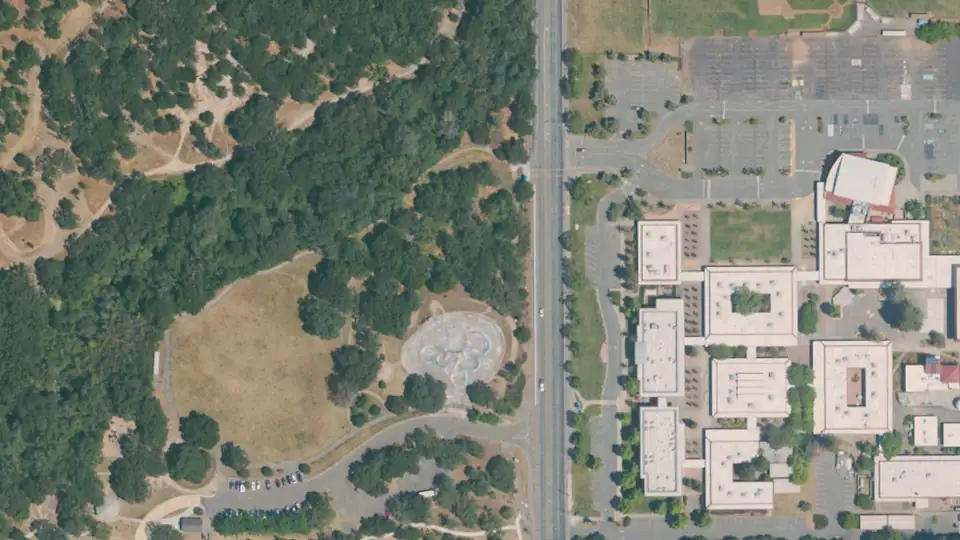 Aerial view of Youth Community Park and its surroundings